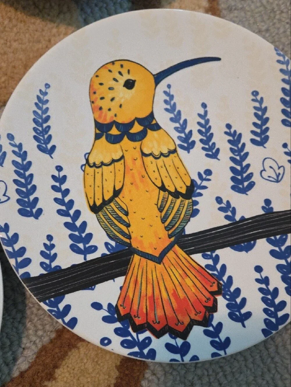 Pier 1 Colorful Illustrated Bird 9 Inch Plates - Blue, Yellow, Orange, Red